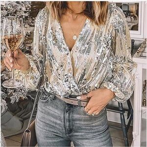 Cream and Silver Sequin Crop Blouse